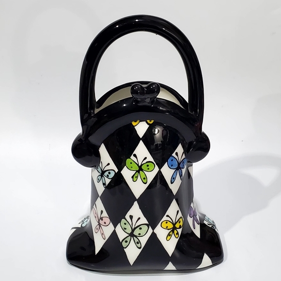 10" Handbag Purse Ceramic Harlaquin Black White Diamin Butterflies MacKensie Art - Picture 7 of 11